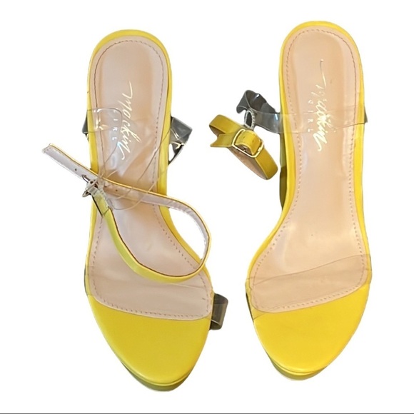 MackinGirl Hippie 70’s Platforms Yellow 6” Chunky Block Heels w/Clear Straps 10 - Picture 1 of 6